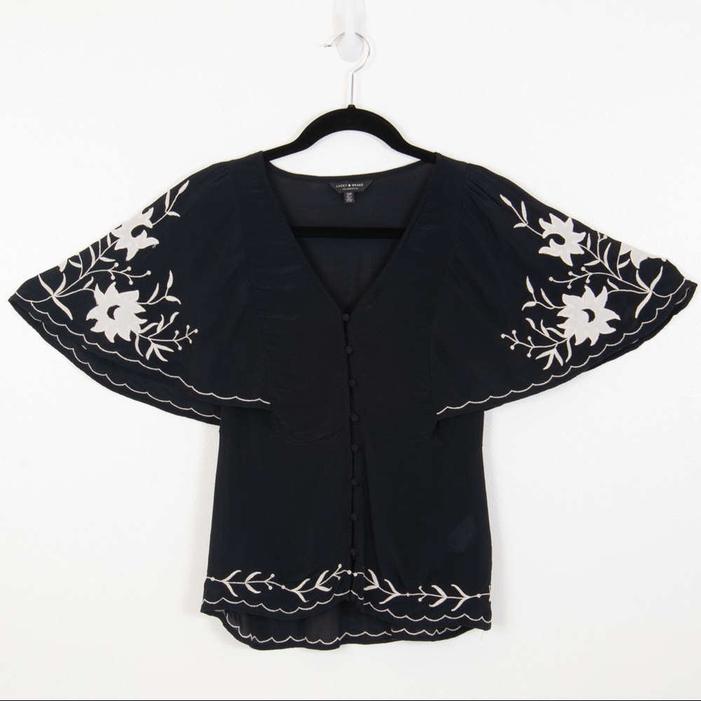 Lucky Brand Black with Cream Floral Embroidery Button Down Blouse - Picture 1 of 7